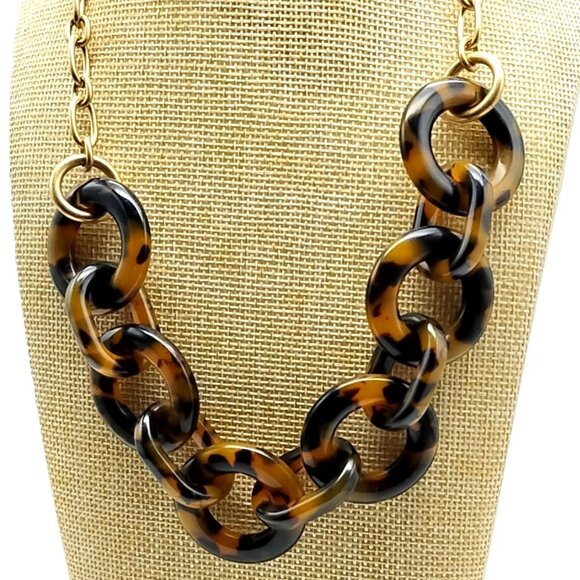 J. Crew Tortoise Shell Chain Link Statement Necklace Gold Tone Chunky - Picture 1 of 11